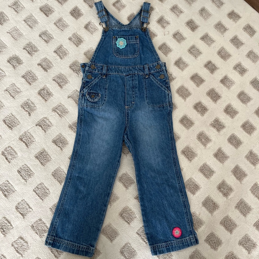 Oshkosh genuine kids denim overalls with florals. Girls size 4T